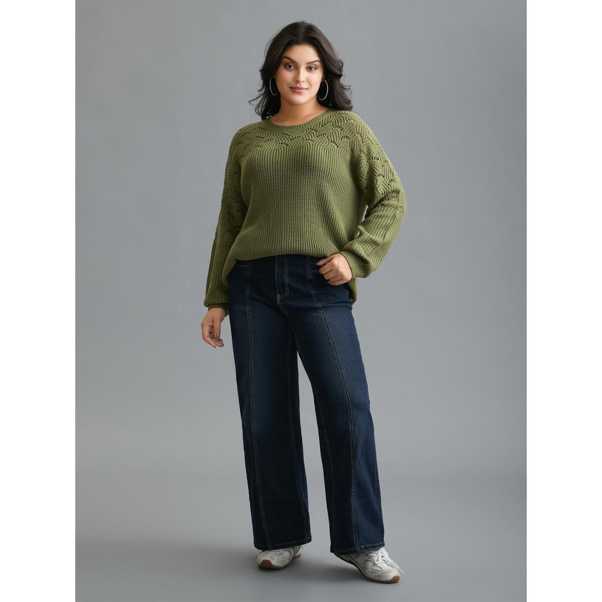 Plus Size Textured Cut-out Balloon Sleeves Pullover Moss Women Casual Loose Long Sleeve Round Neck Everyday Pullovers BloomChic 12/L Product Image