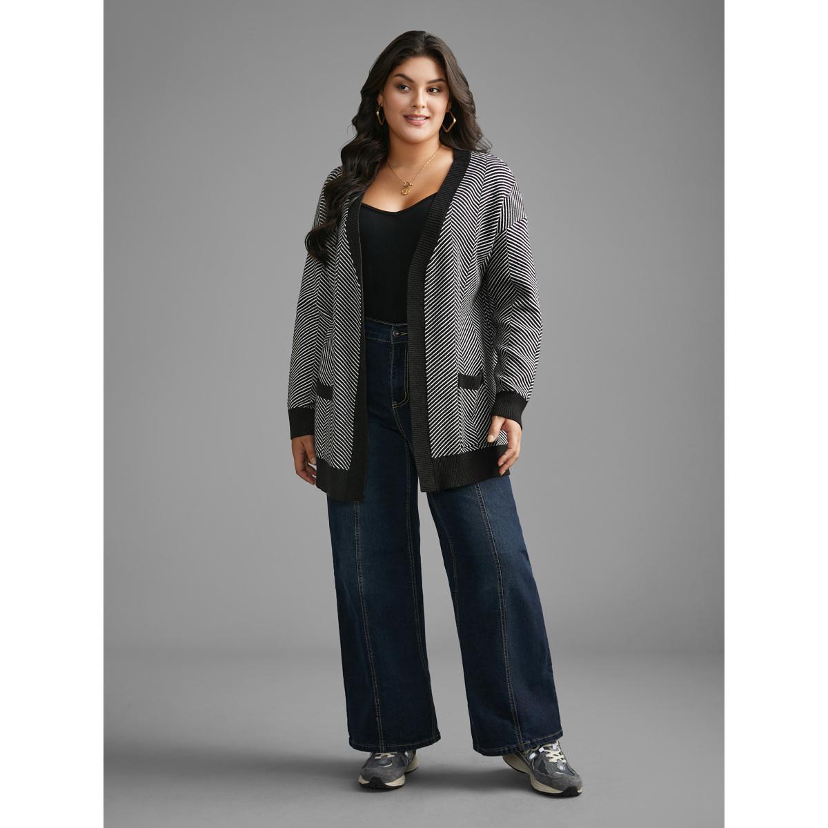 Plus Size Supersoft Essentials Striped Patch Pocket Cardigan Black Women Casual Loose Long Sleeve Everyday Cardigans BloomChic 10/M Product Image
