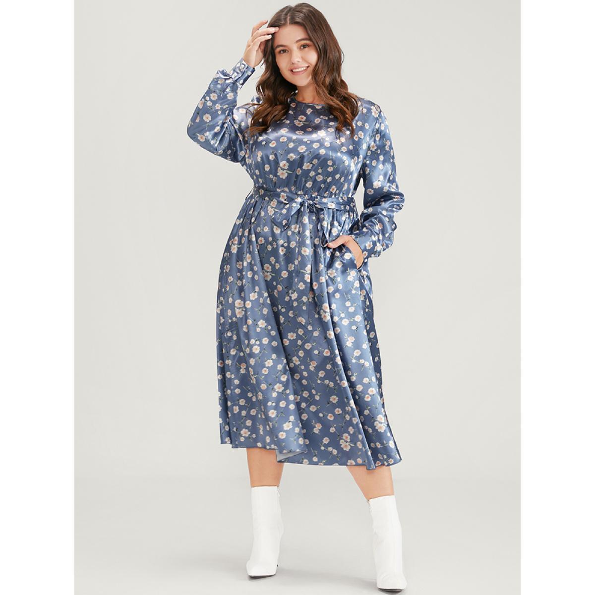 Plus Size Floral Keyhole Back Pocket Belted Satin Midi Dress Aegean Women Elegant Pocket Round Neck Long Sleeve Curvy Midi Dress BloomChic 30/6X Product Image