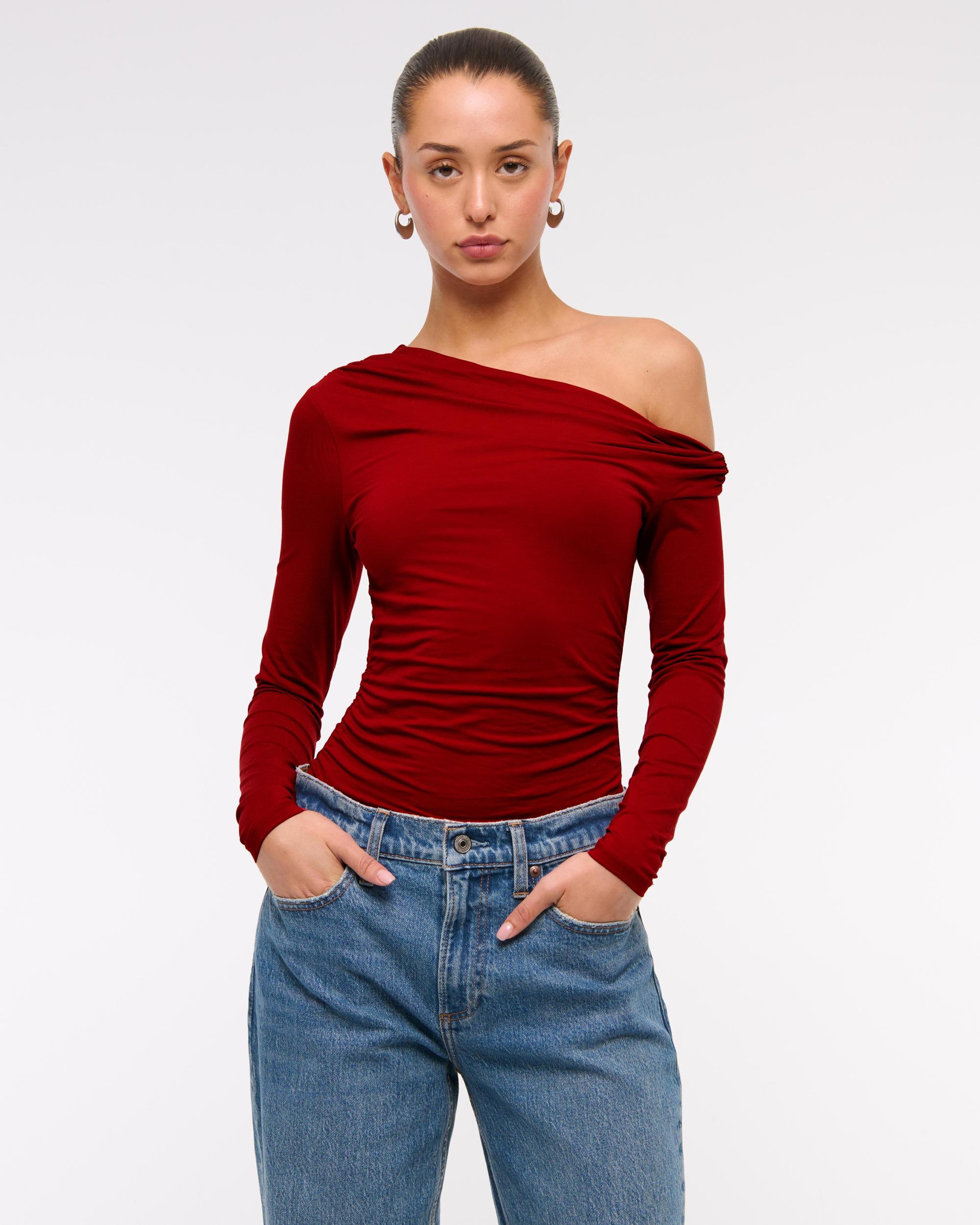 Long-Sleeve Velvet Asymmetrical Draped Top Product Image
