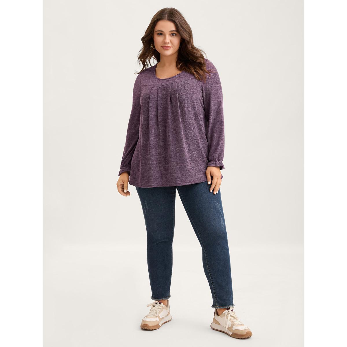 Plus Size Round Neck Heather Pleated T-shirt Eggplant Women Elegant Pleated Round Neck Loose Everyday T-shirts BloomChic 14-16/1X Product Image
