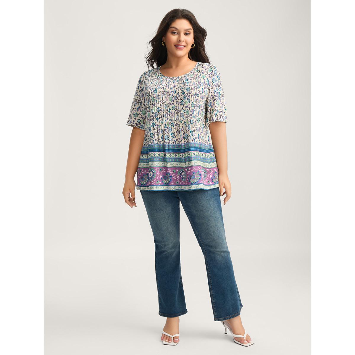 Plus Size Aegean Rayon Pleated Floral Print Blouse Women Half Sleeve Round Neck Everyday-Elegant Blouses BloomChic 10/M Product Image