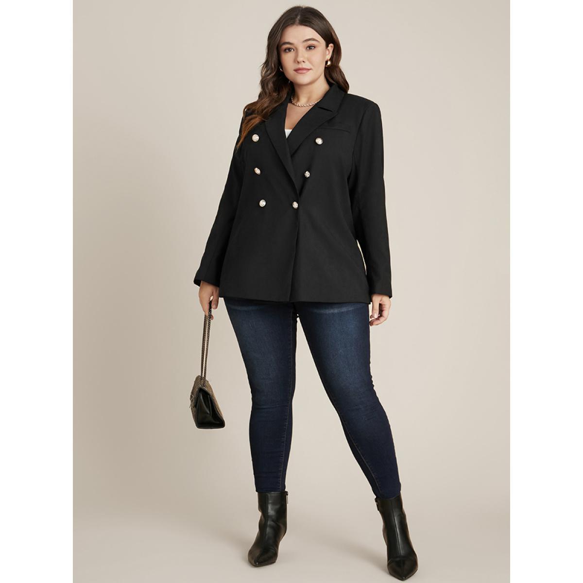 Plus Size Solid Button Up Suit Collar Blazer Black Women Work Plain Button Sleeve Long Sleeve Suit Collar 28/5X Office Blazers BloomChic Product Image