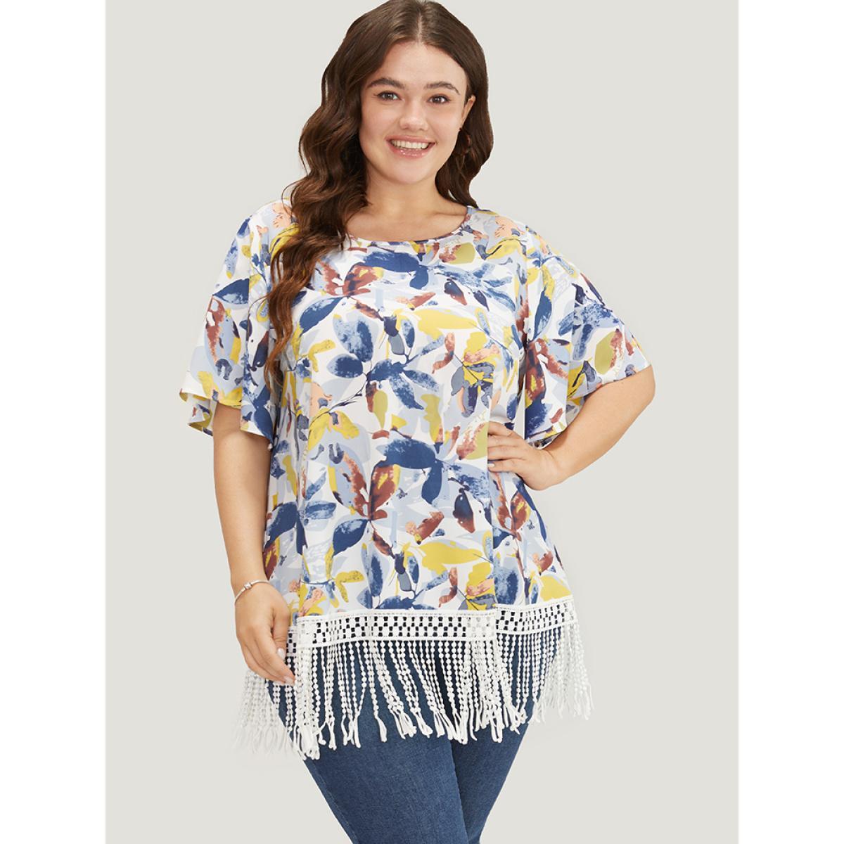 Plus Size Stone Plant Print Ruffle Sleeve Lace Fringe Hem Blouse Women Elegant Short sleeve Round Neck Dailywear Blouses BloomChic 12/L Product Image