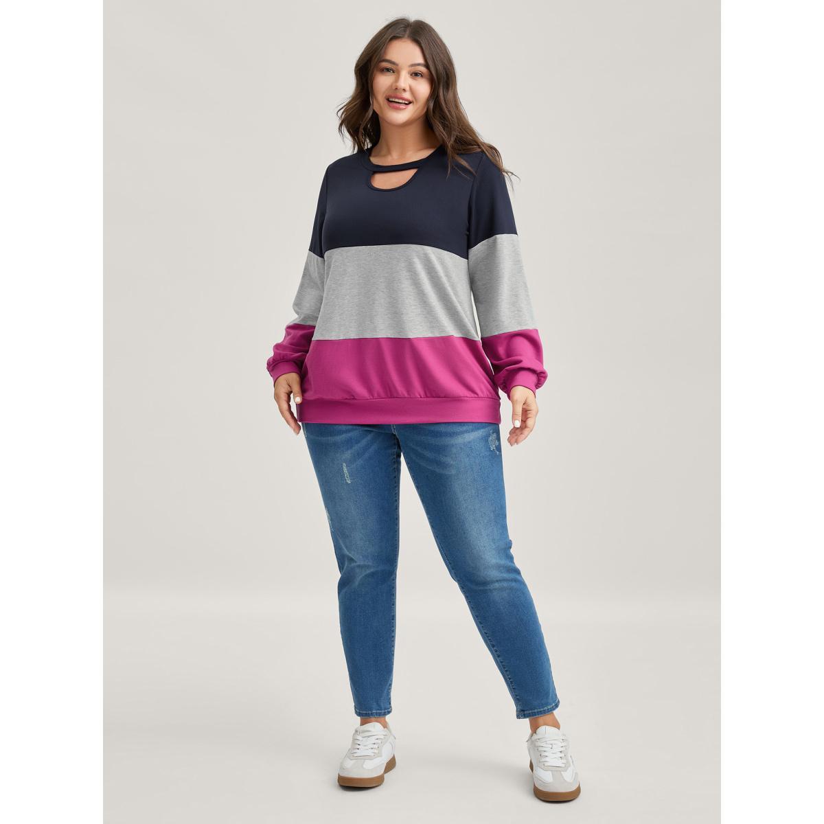 Plus Size Supersoft Color Block Neck Cut-Out Sweatshirt Women Indigo Round Neck Everyday-Casual Sweatshirts BloomChic 22-24/3X Product Image