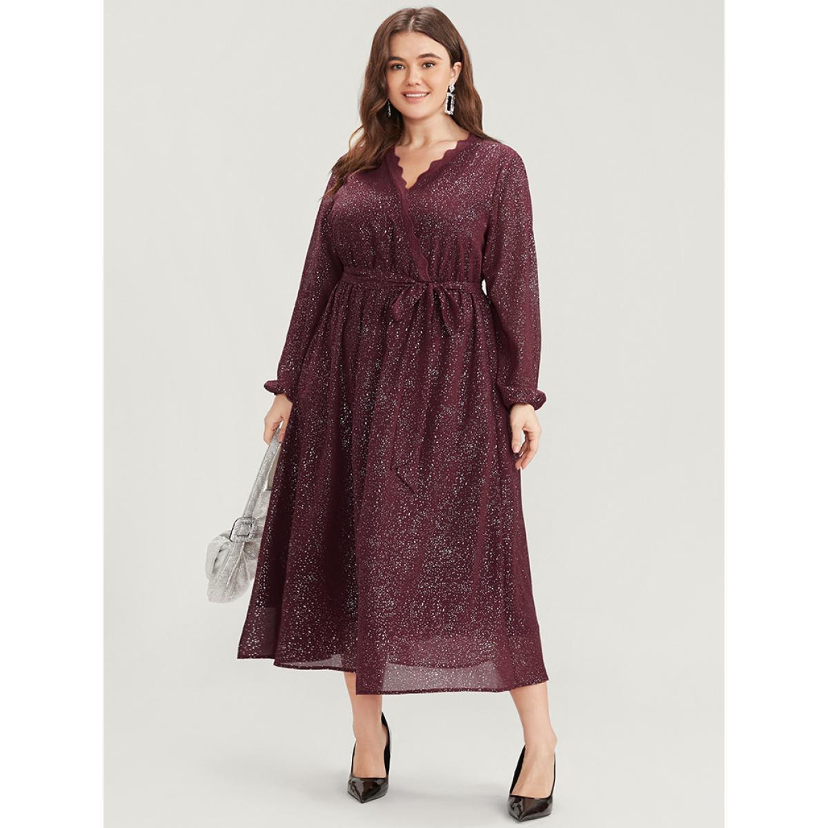 Plus Size Polka Dot Wrap Lace Trim Lantern Sleeve Pocket Belted Dress Burgundy Women Party Pocket V-neck Long Sleeve Curvy Midi Dress BloomChic 26/4X Product Image
