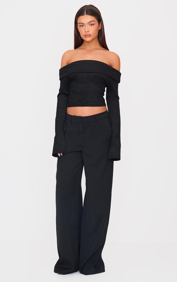 Black Faux Suede Fold Over Bardot Long Sleeve Top Product Image