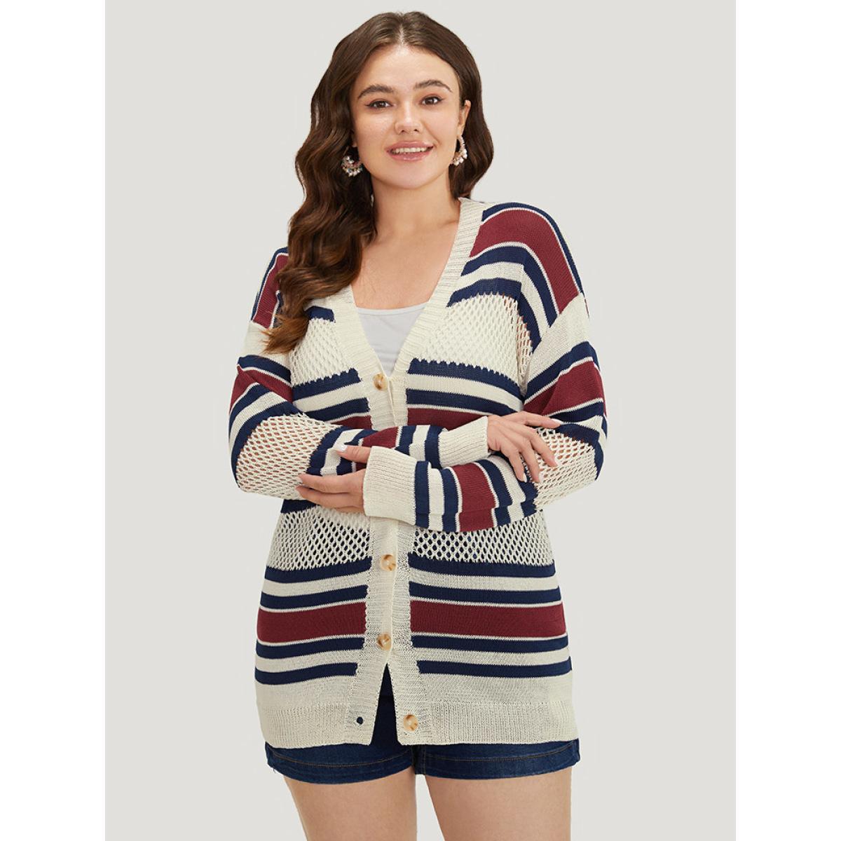 Plus Size Striped Hollow Out Patchwork Button Detail Cardigan Beige Women Casual Loose Long Sleeve Everyday Cardigans BloomChic 12/L Product Image