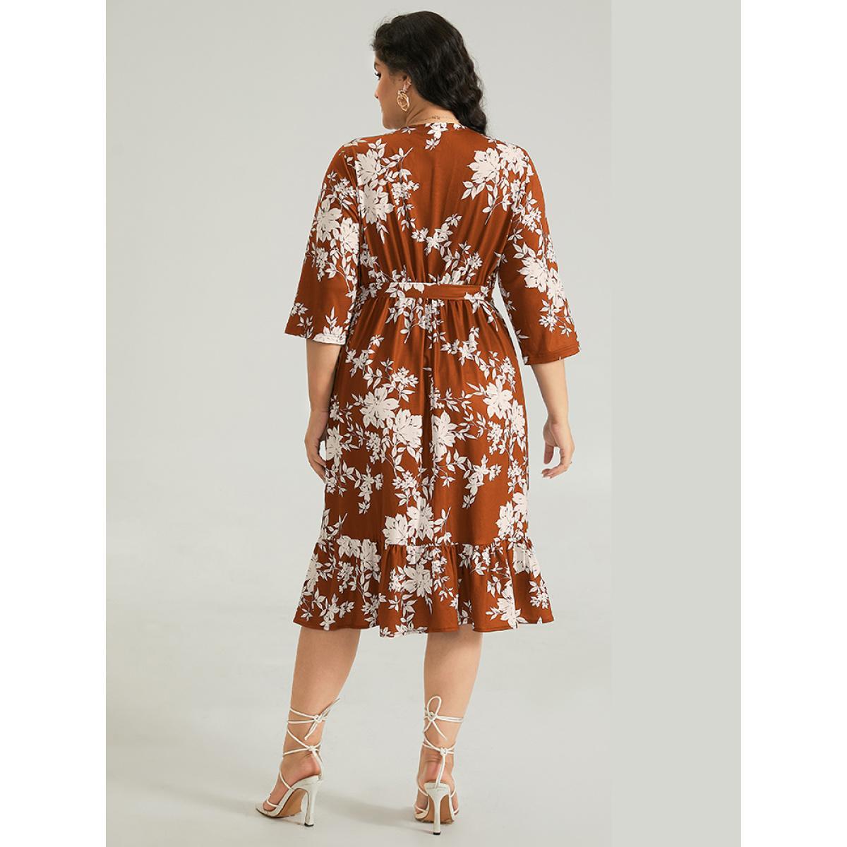 Plus Size Silhouette Floral Print Ties Wrap Dress Rust Women Elegant Cross straps V-neck Elbow-length sleeve Curvy Midi Dress BloomChic 30/6X Product Image