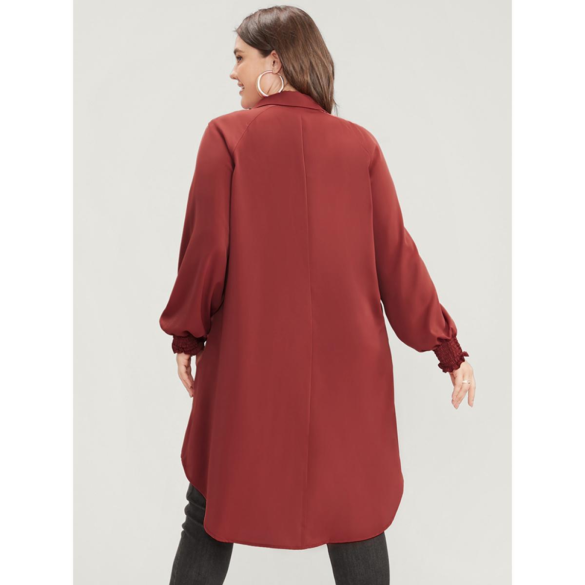 Plus Size Russet Solid Shirred Pocket Button Up High Low Hem Blouse Women Office Long Sleeve Shirt collar Work Blouses BloomChic 22-24/3X Product Image