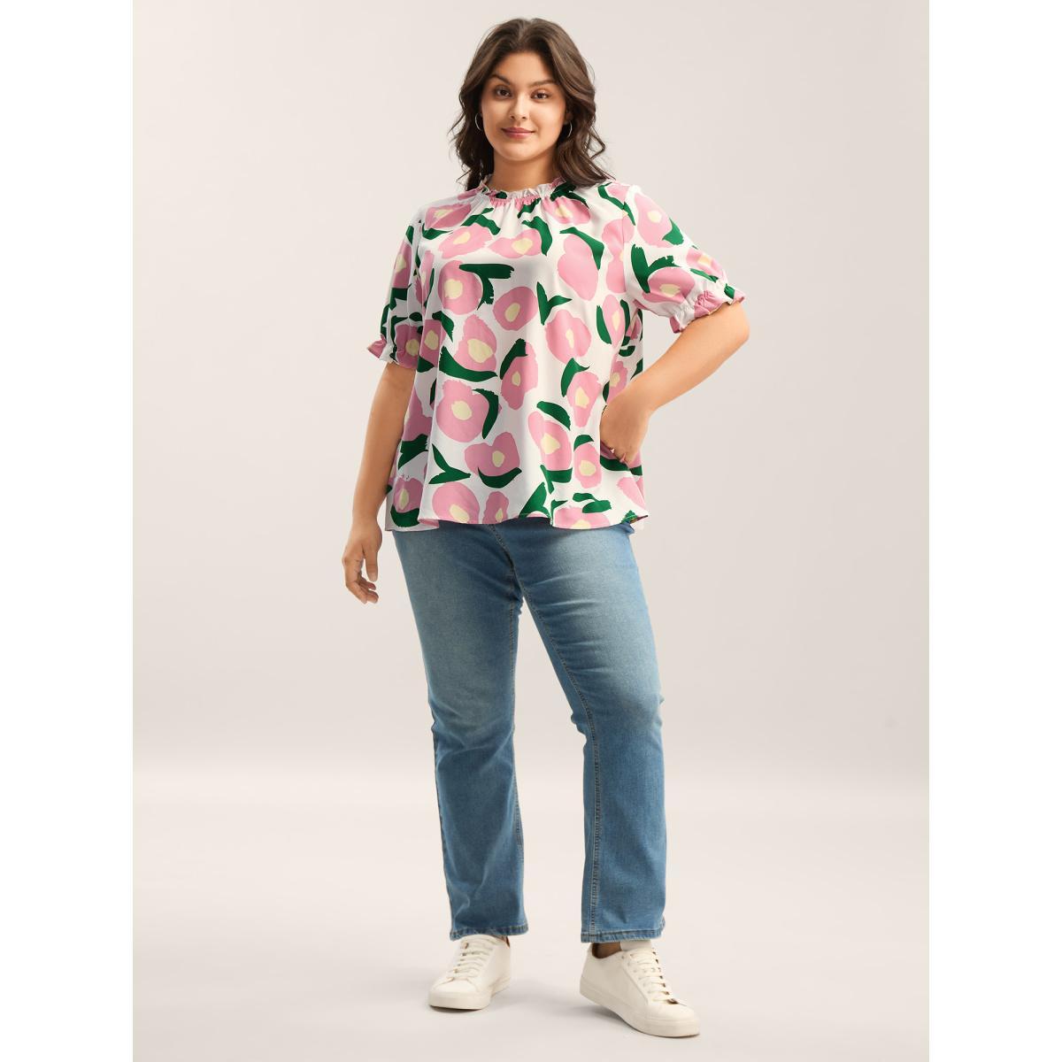 Plus Size Originalwhite Floral Print Ruffled Neck Puffy Sleeve Blouse Women Short sleeve Round Neck Everyday-Casual Blouses BloomChic 28/5X Product Image