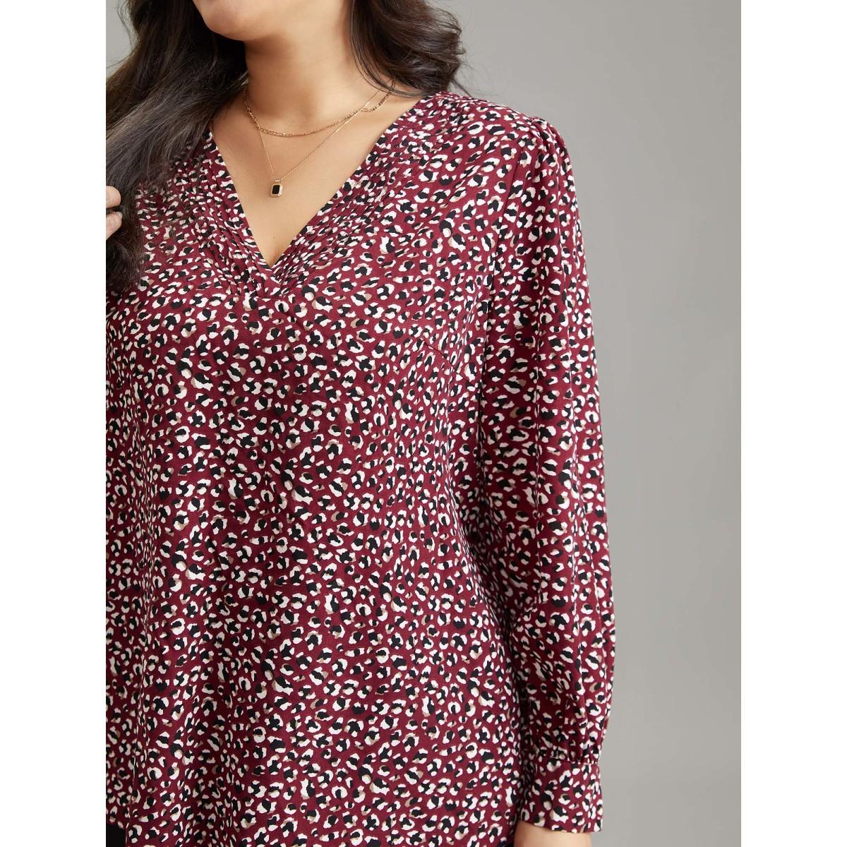 Plus Size Burgundy Allover Print V Neck Pleated Blouse Women Office Long Sleeve V-neck Work Blouses BloomChic 18-20/2X Product Image