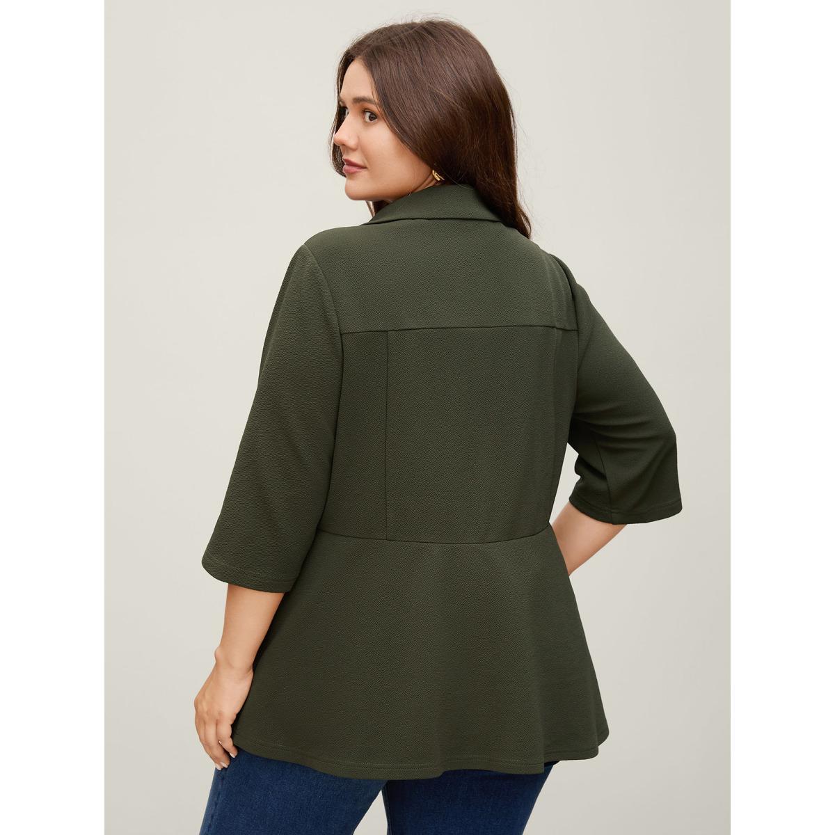 Plus Size Stretchy Textured Cinched Flared Waist Blazer ArmyGreen Women Work Texture Sleeve Elbow-length sleeve Suit Collar 18-20/2X Single-flap pocket Blazers BloomChic Product Image