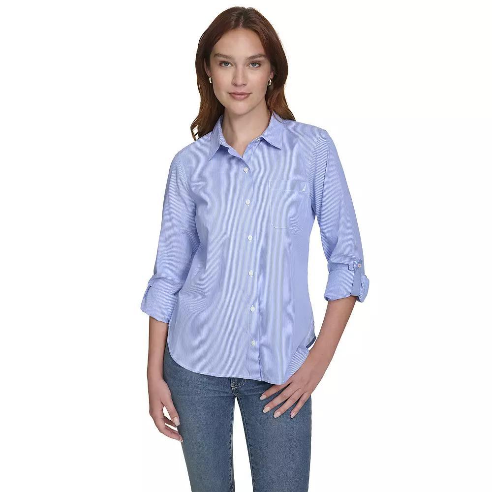 Women's Nautica Roll Tab Button Down Shirt, Size: Medium, Blue Stripe Product Image