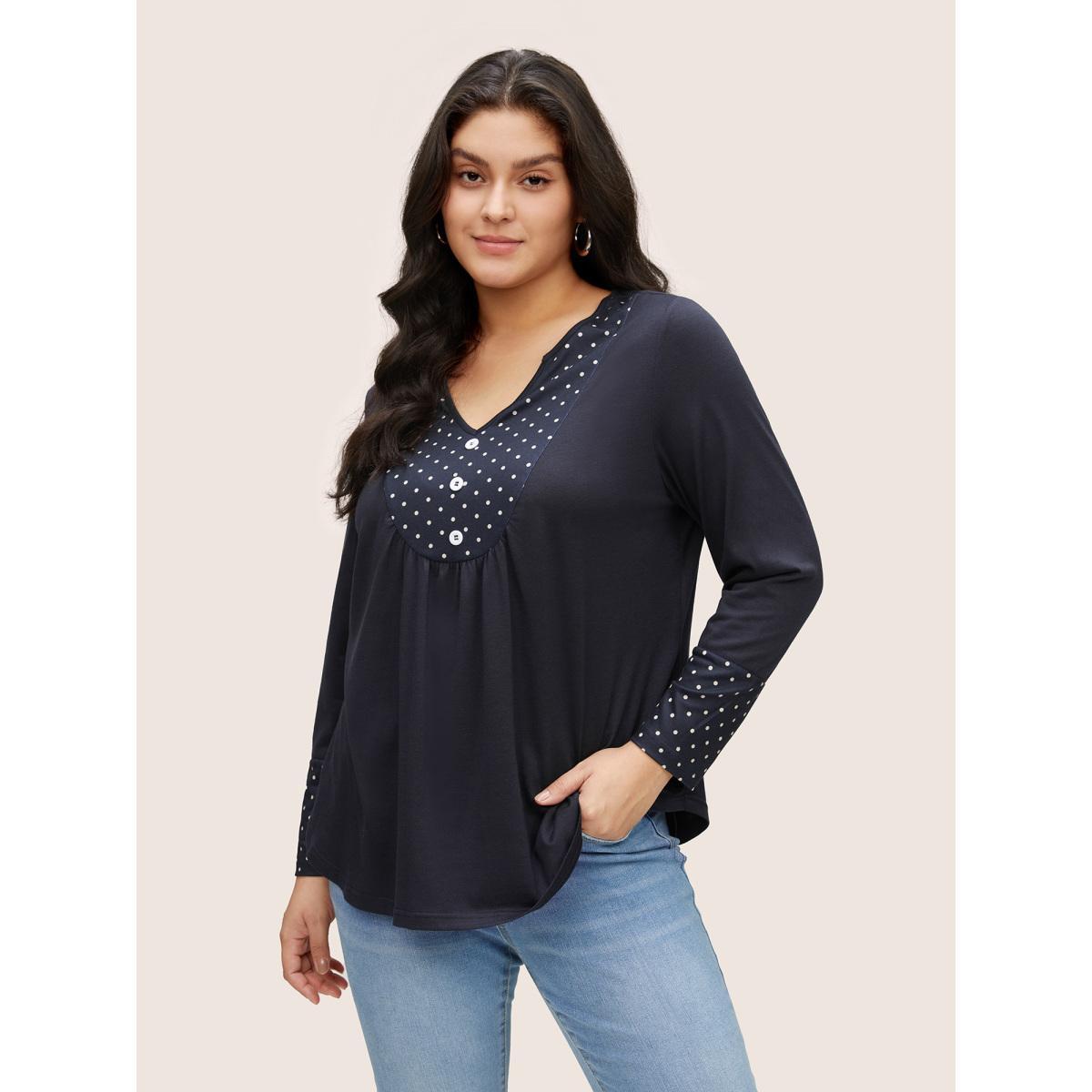 Plus Size Polka Dot Patchwork Notched Button Detail T-shirt Indigo Women Casual Contrast Polka Dot Notched collar Everyday T-shirts BloomChic 22-24/3X Product Image