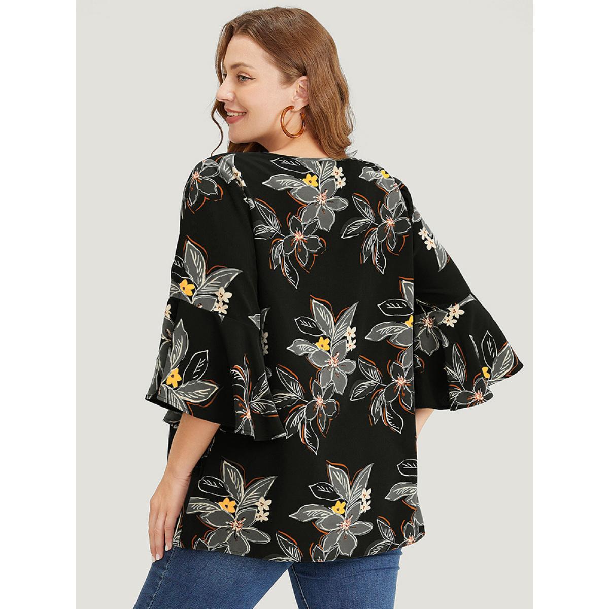 Plus Size Black Floral Print Keyhole Neck Split Bell Sleeve Blouse Women Elegant Elbow-length sleeve Round Neck Dailywear Blouses BloomChic 12/L Product Image