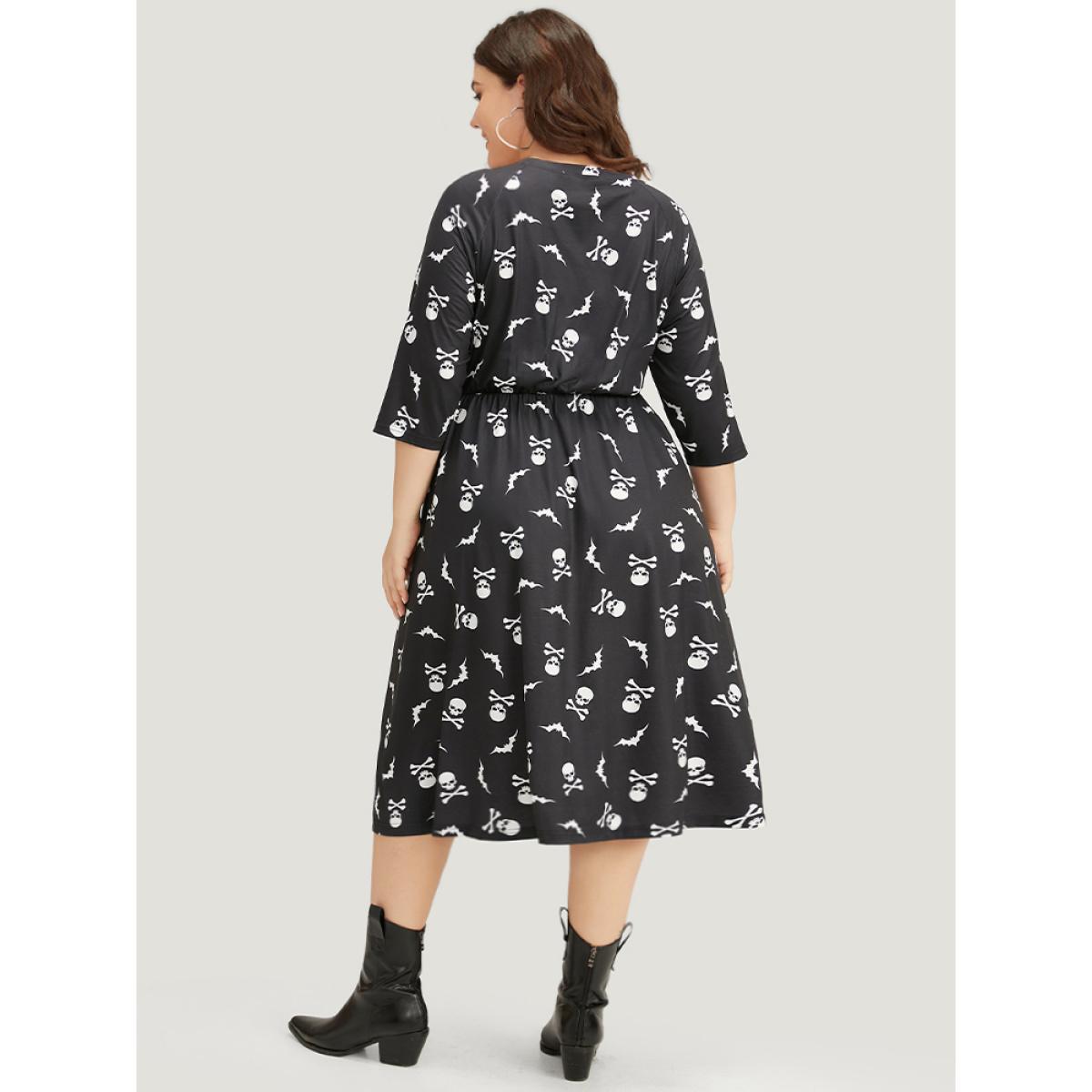 Plus Size Halloween Skull Print Pocket Button Through Dress Black Women Casual Cross straps Round Neck Elbow-length sleeve Curvy Midi Dress BloomChic 18-20/2X Product Image