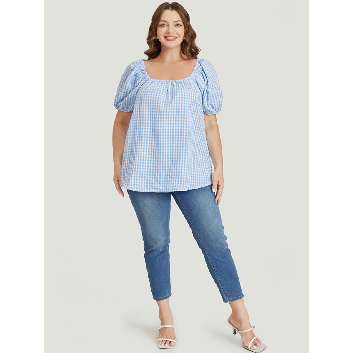Plus Size LightBlue Gingham Print Square Neck Puff Sleeve Blouse Women Vacation Short sleeve Square Neck Dailywear Blouses BloomChic 22-24/3X Product Image