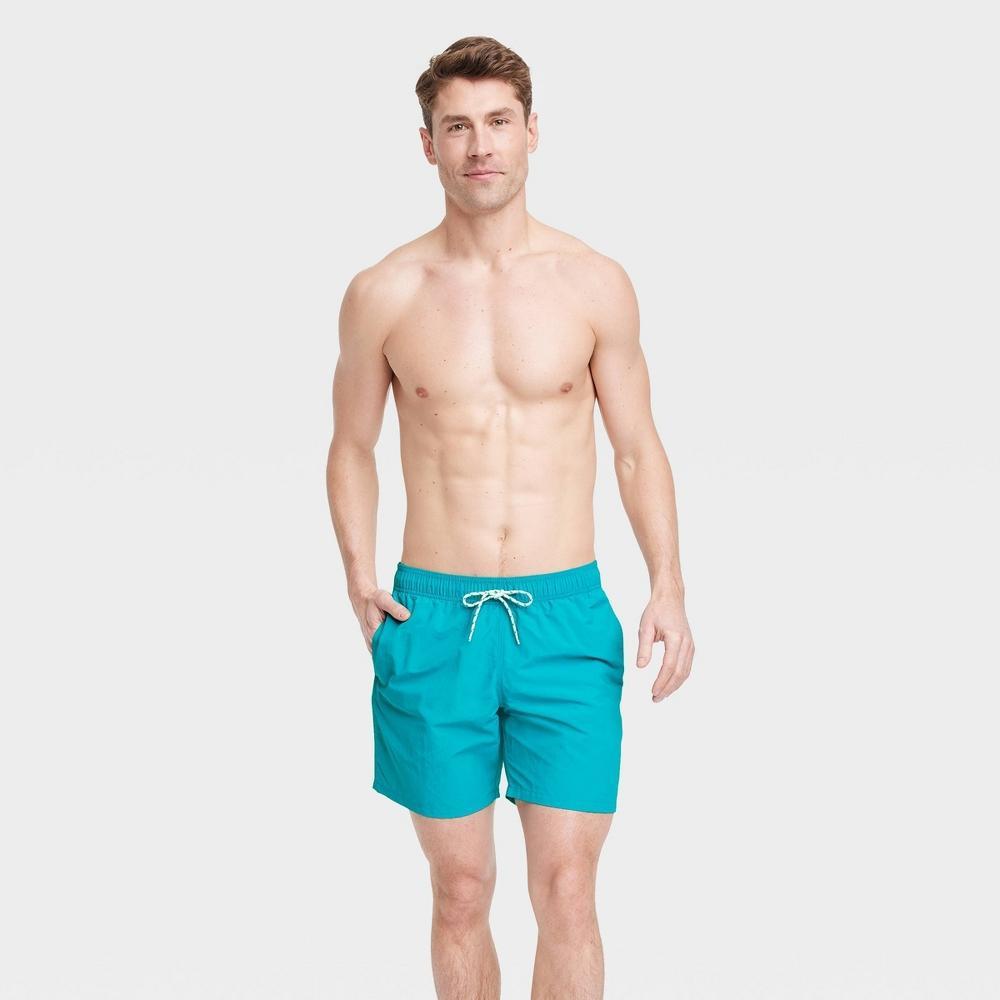 Men's 7" Swim Trunks - Goodfellow & Co™ Aqua Blue L: Quick Dry, Adjustable Waistband, Mesh Liner Product Image