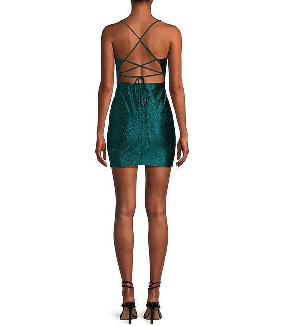 Honey and Rosie Spaghetti Strap Cowl Neckline Fitted Glitter Short Dress Product Image