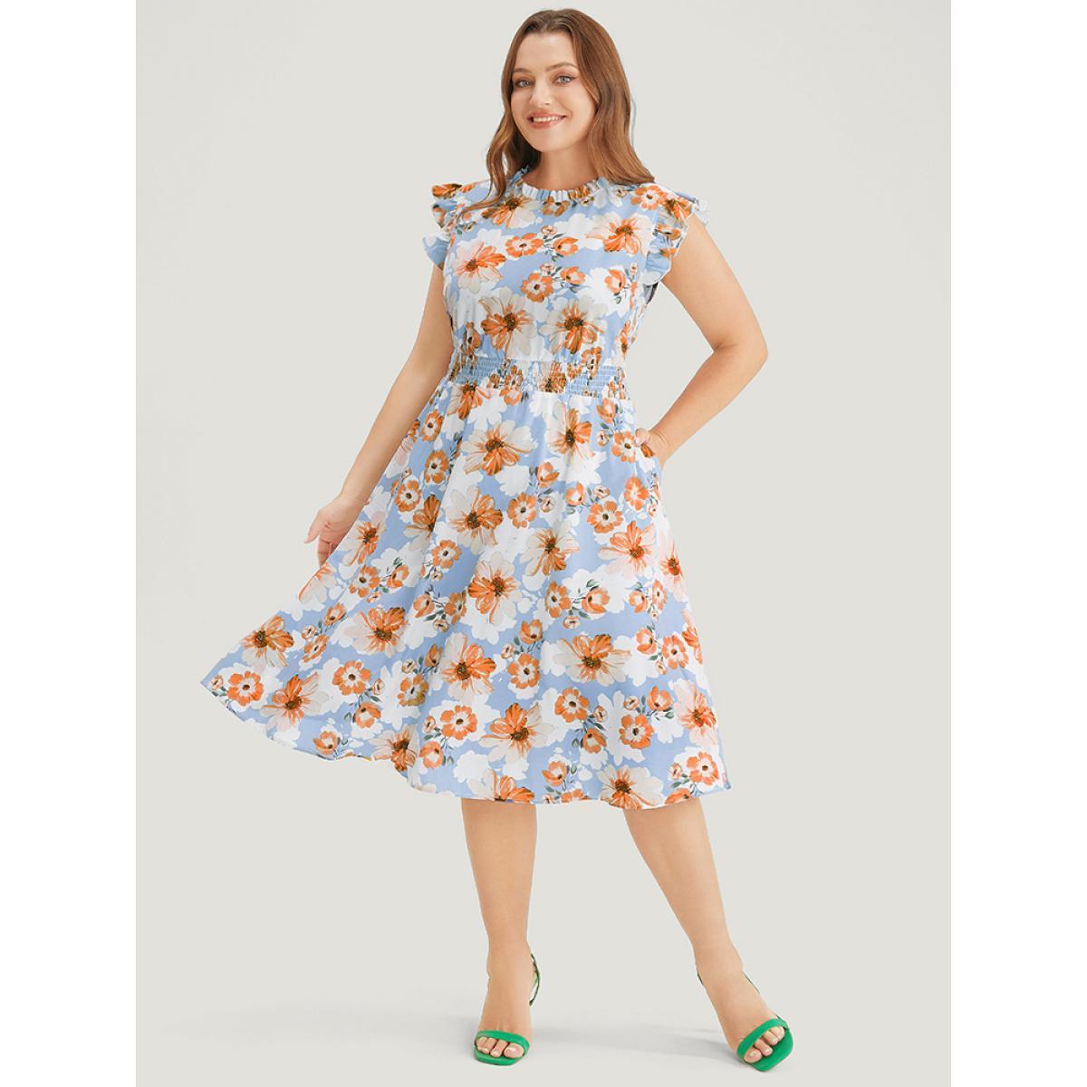 Plus Size Floral Shirred Mock Neck Ruffle Trim Pocket Flutter Dress LightBlue Women Elegant Pocket Mock Neck Sleeveless Curvy Midi Dress BloomChic 26/4X Product Image