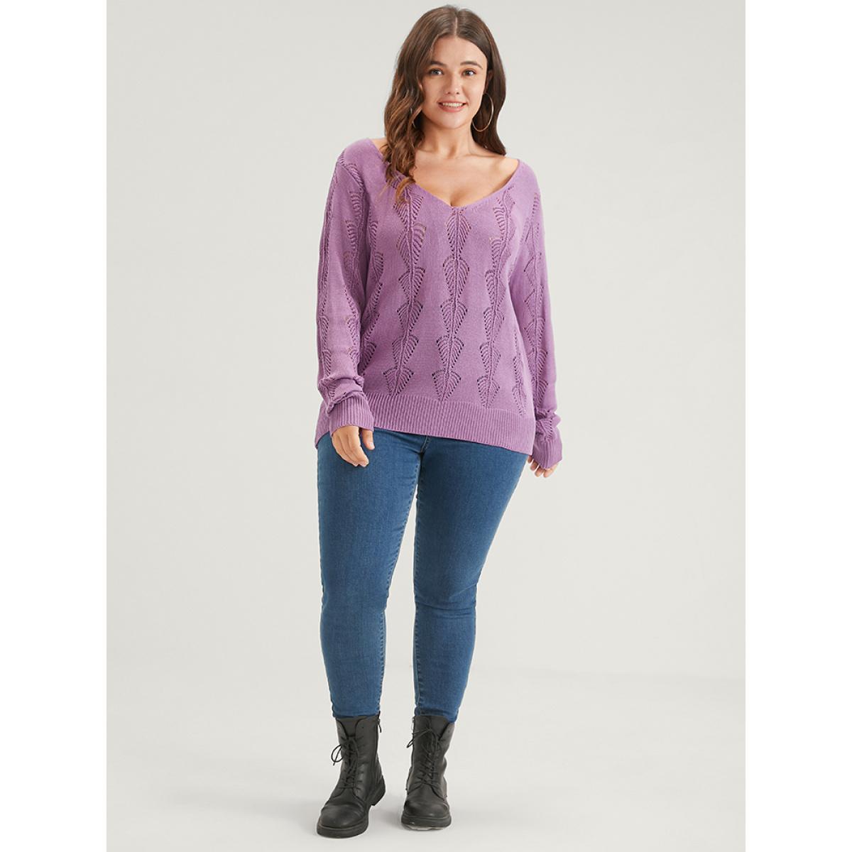 Plus Size Solid Pointelle Knit Deep V Neck Crochet Sweater RedViolet Women Elegant Long Sleeve Deep V-neck Dailywear Pullovers BloomChic 26/4X Product Image