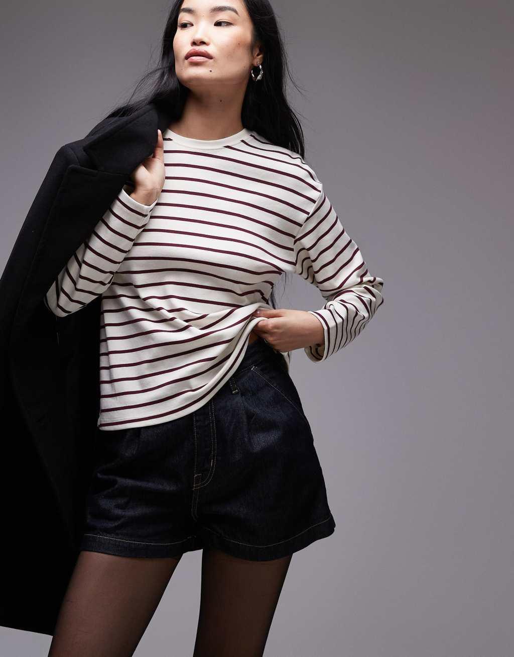 Mango round neck striped top in white and red Product Image