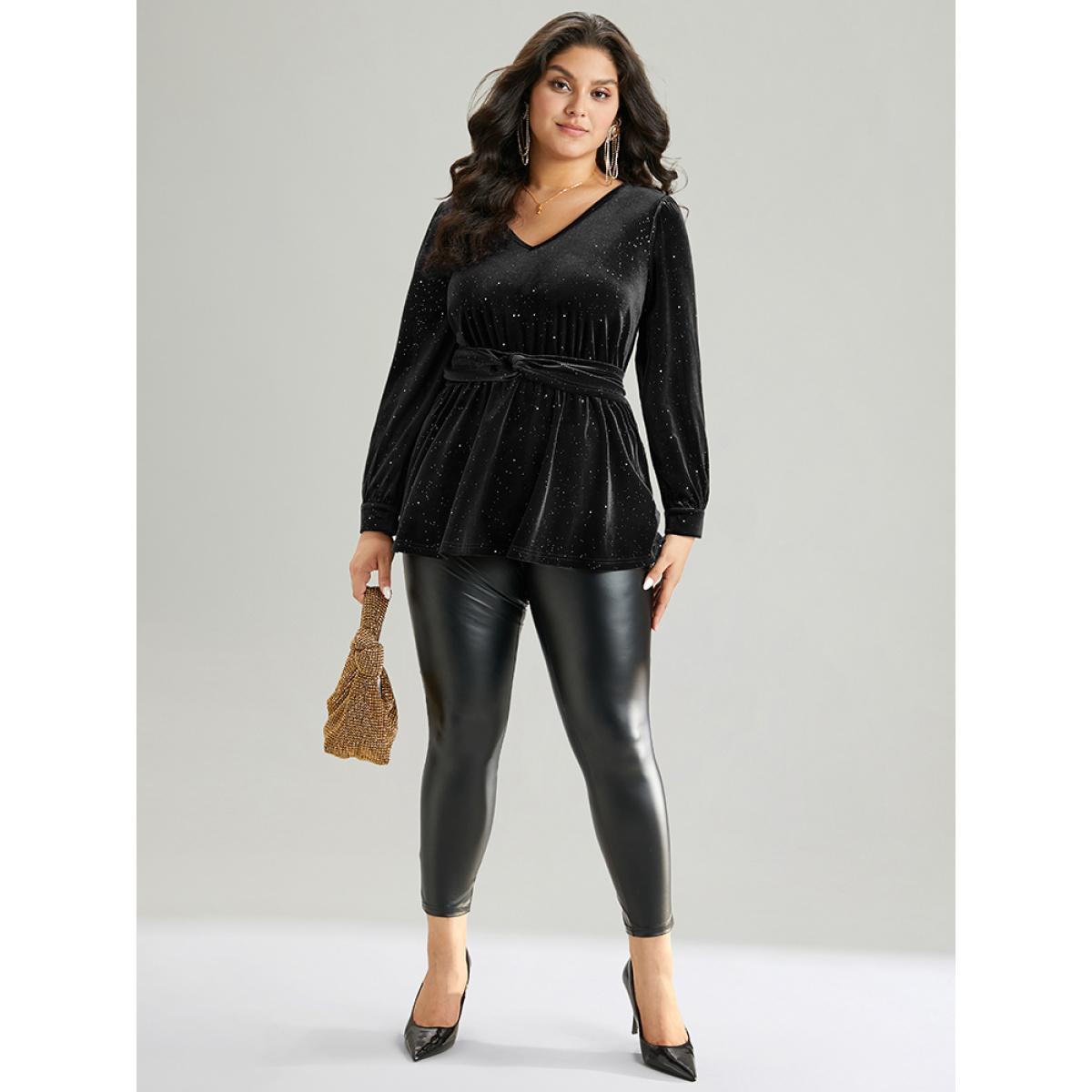 Plus Size Black Glitter Sequin Velvet Twist Front V Neck Blouse Women Cocktail Long Sleeve V-neck Party Blouses BloomChic 22-24/3X Product Image