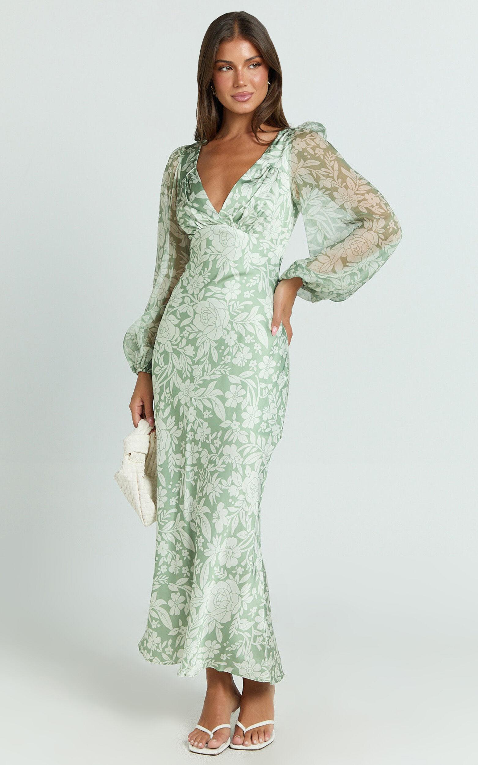 Freollyn Midi Dress - Deep V Neck Long Sleeve Dress in Sage Product Image
