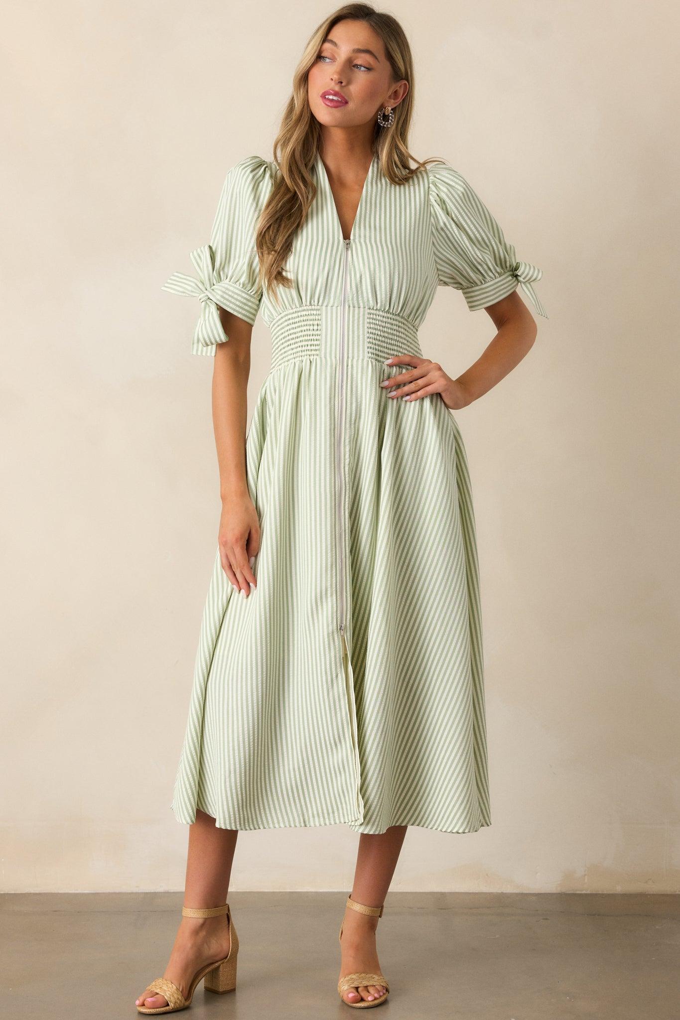 Afternoon Tea Green Stripe Zip Front Midi Dress Product Image