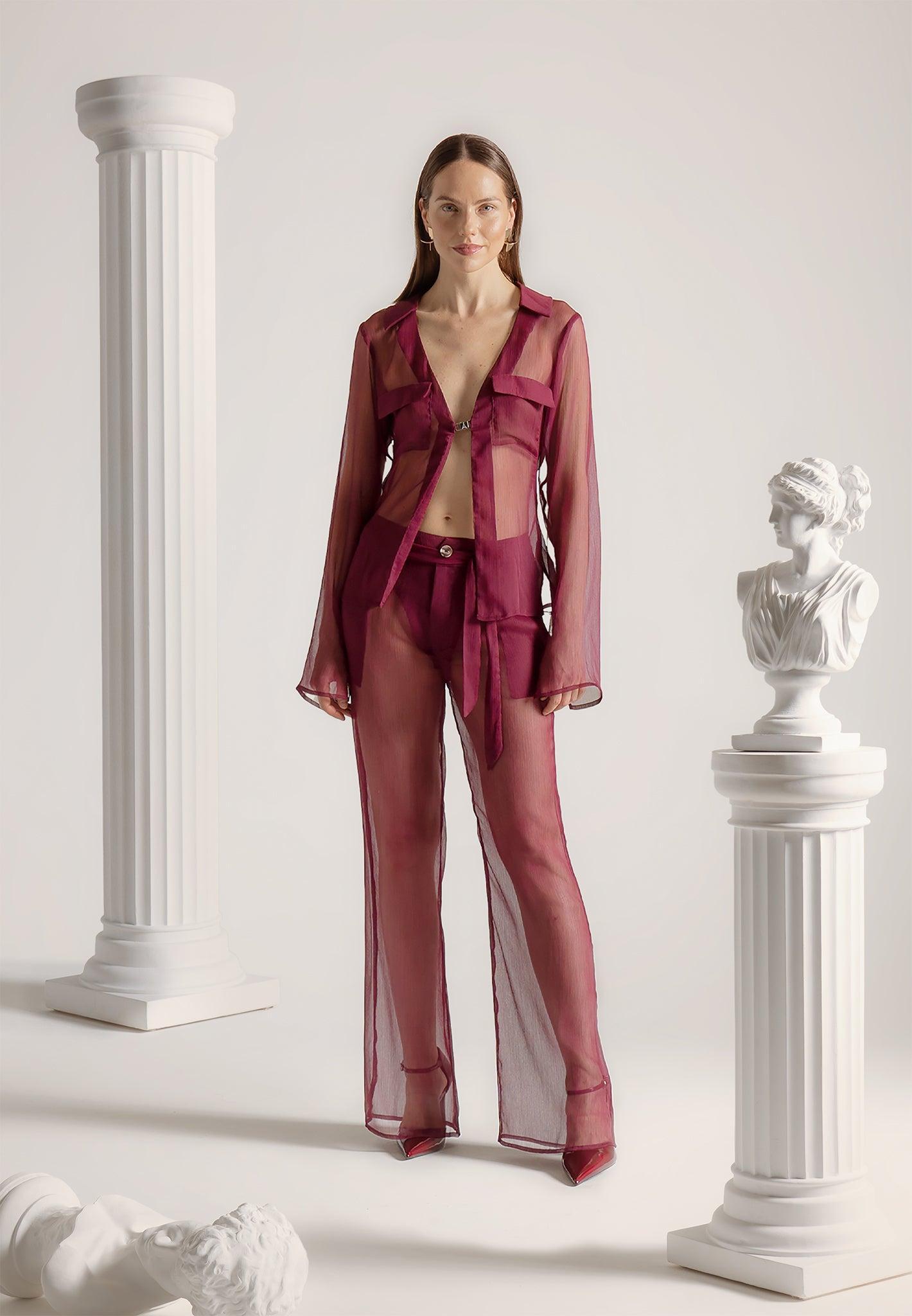 Sheer Shirt with Clasp - Wine Red Female Product Image