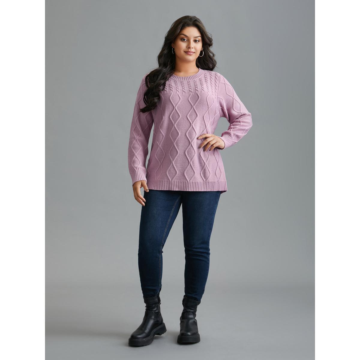 Plus Size Crew Neck Cable Knit Textured Pullover Lilac Women Casual Loose Long Sleeve Round Neck Everyday Pullovers BloomChic 12/L Product Image