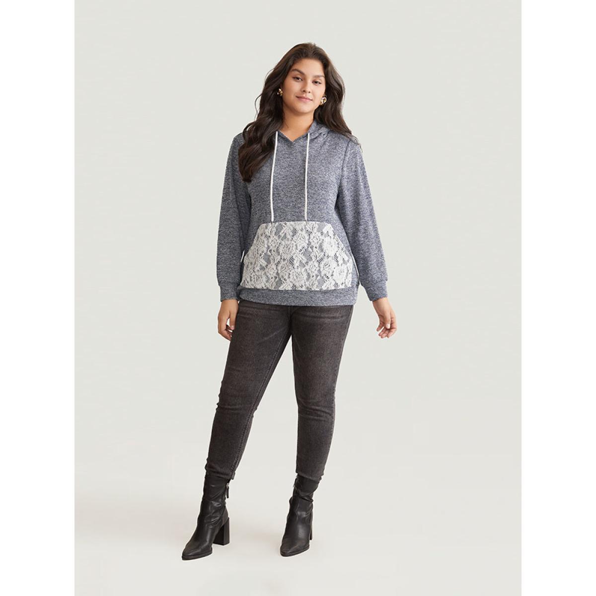 Plus Size Crochet Lace Patchwork Pocket Hooded Sweatshirt Women Indigo Casual Contrast Hooded Everyday Sweatshirts BloomChic 22-24/3X Product Image