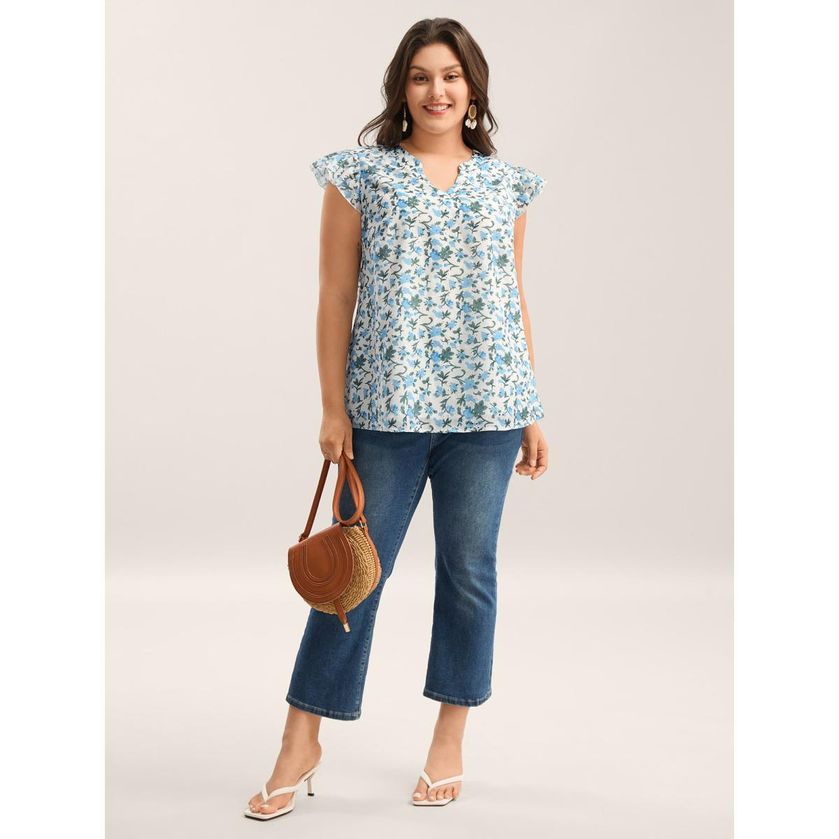 Plus Size LightBlue Embroidered Floral Split Neck Tank Top Women Short sleeve Flat collar with V-notch Vacation Blouses BloomChic 26/4X Product Image