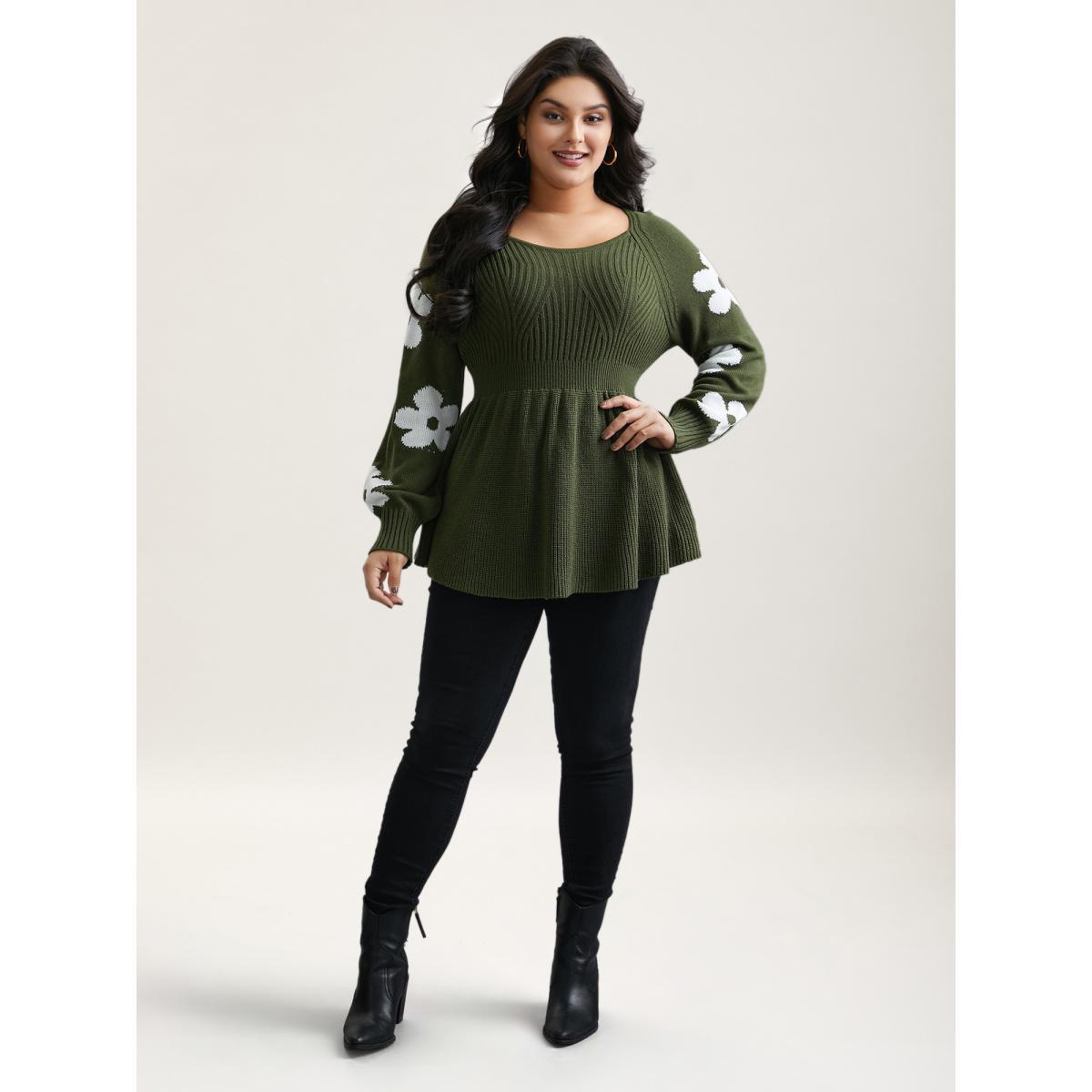 Plus Size Floral Patch Jacquard Cinched Waist Pullover ArmyGreen Women Elegant Bodycon Long Sleeve Square Neck Everyday Pullovers BloomChic 12/L Product Image