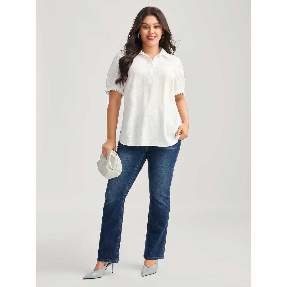 Plus Size Originalwhite Pure Cotton Ruffled Puffy Sleeve Blouse Women Short sleeve Shirt collar Work Blouses BloomChic 12/L Product Image