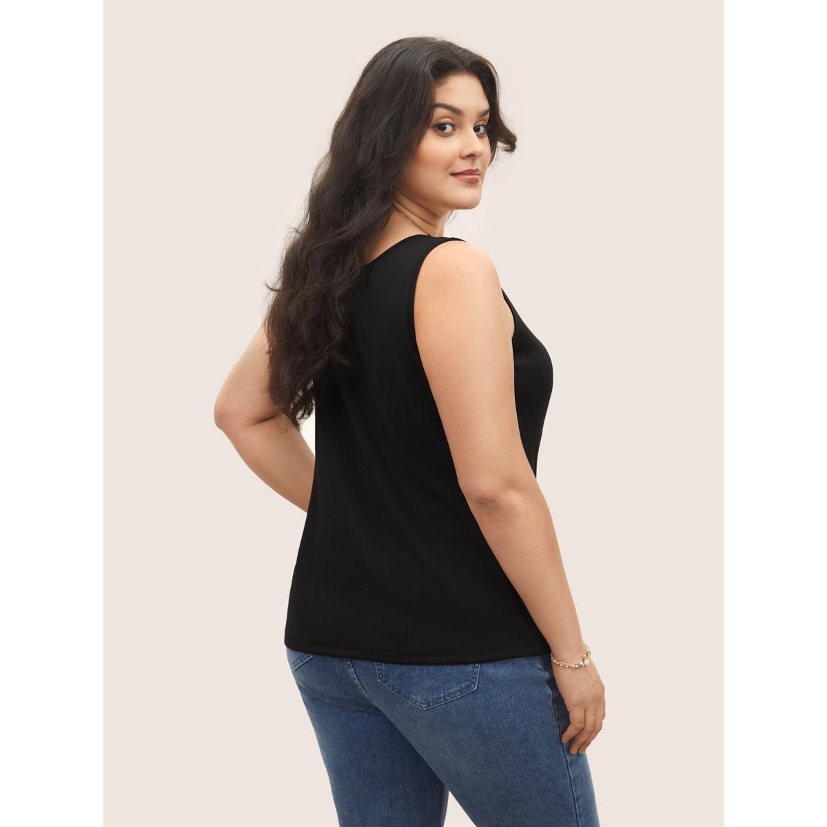 Plus Size Solid Rib Knit Heart Neckline Tank Top Women Black Casual Heart neckline Everyday Tank Tops Camis BloomChic 26/4X Product Image