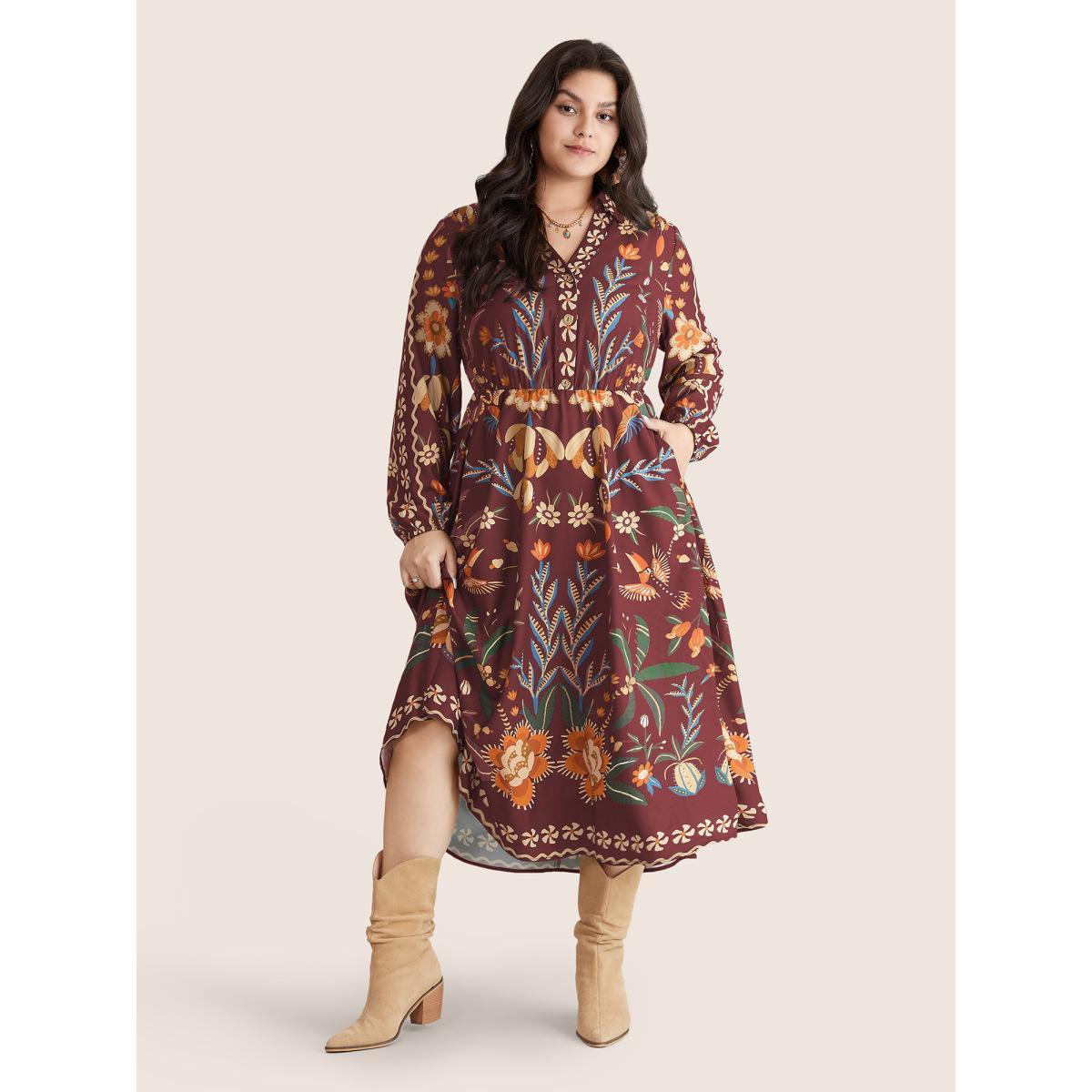 Plus Size Bandana Print Pocket Lapel Collar Elastic Cuffs Dress Scarlet Women Resort Non V-neck Long Sleeve Curvy Midi Dress BloomChic 10/M Product Image