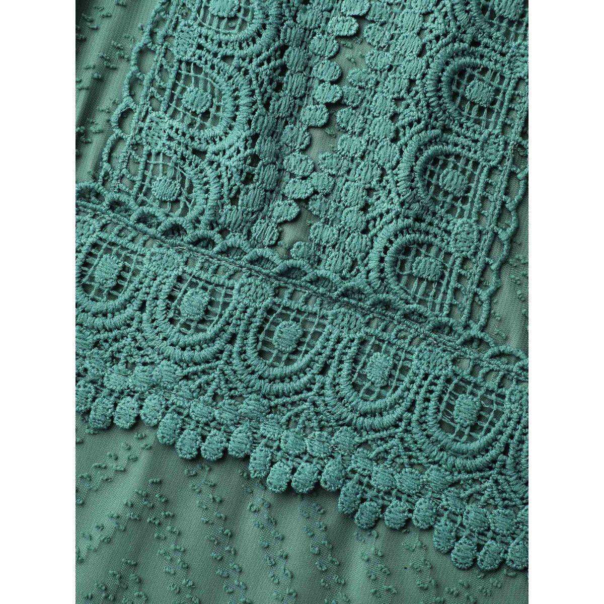 Plus Size Sheer Textured Lace Detail Pockets Midi Dress Teal Women Elegant Woven ribbon&lace trim V-neck Long Sleeve Curvy BloomChic 12/L Product Image