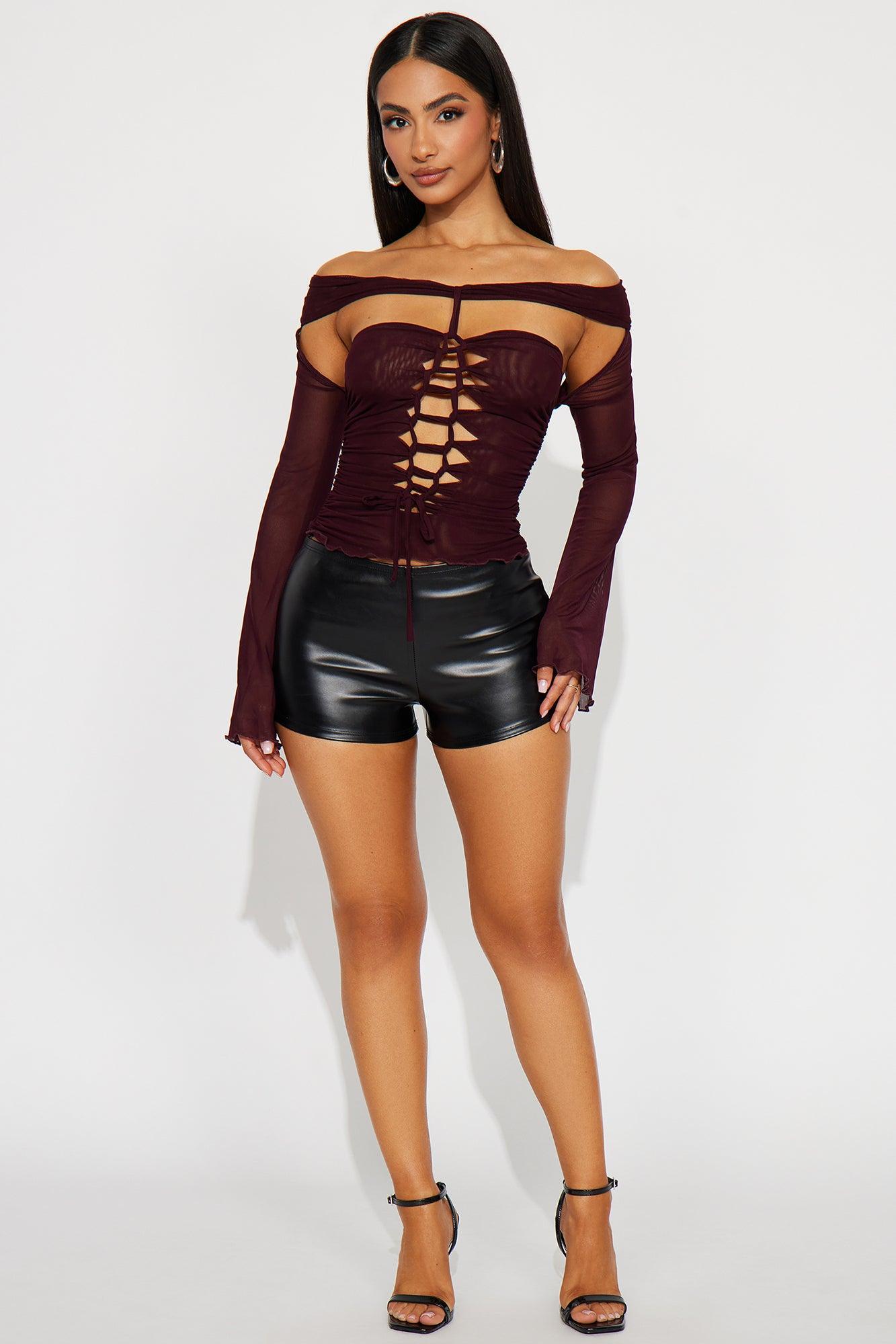 Out Of Town Mesh Off Shoulder Top - Plum Product Image
