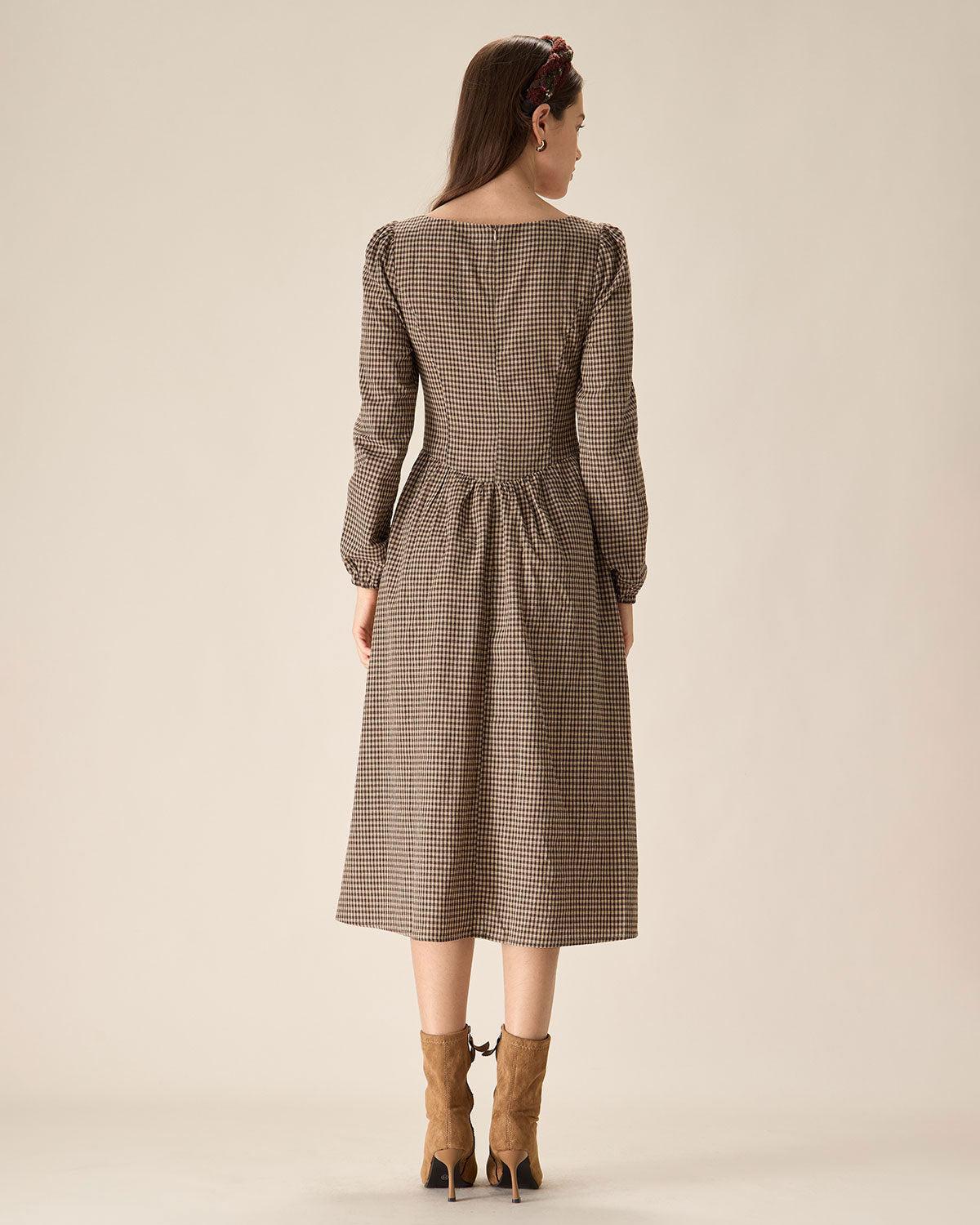 Brown Plaid Square Neck Ruched Midi Dress Product Image