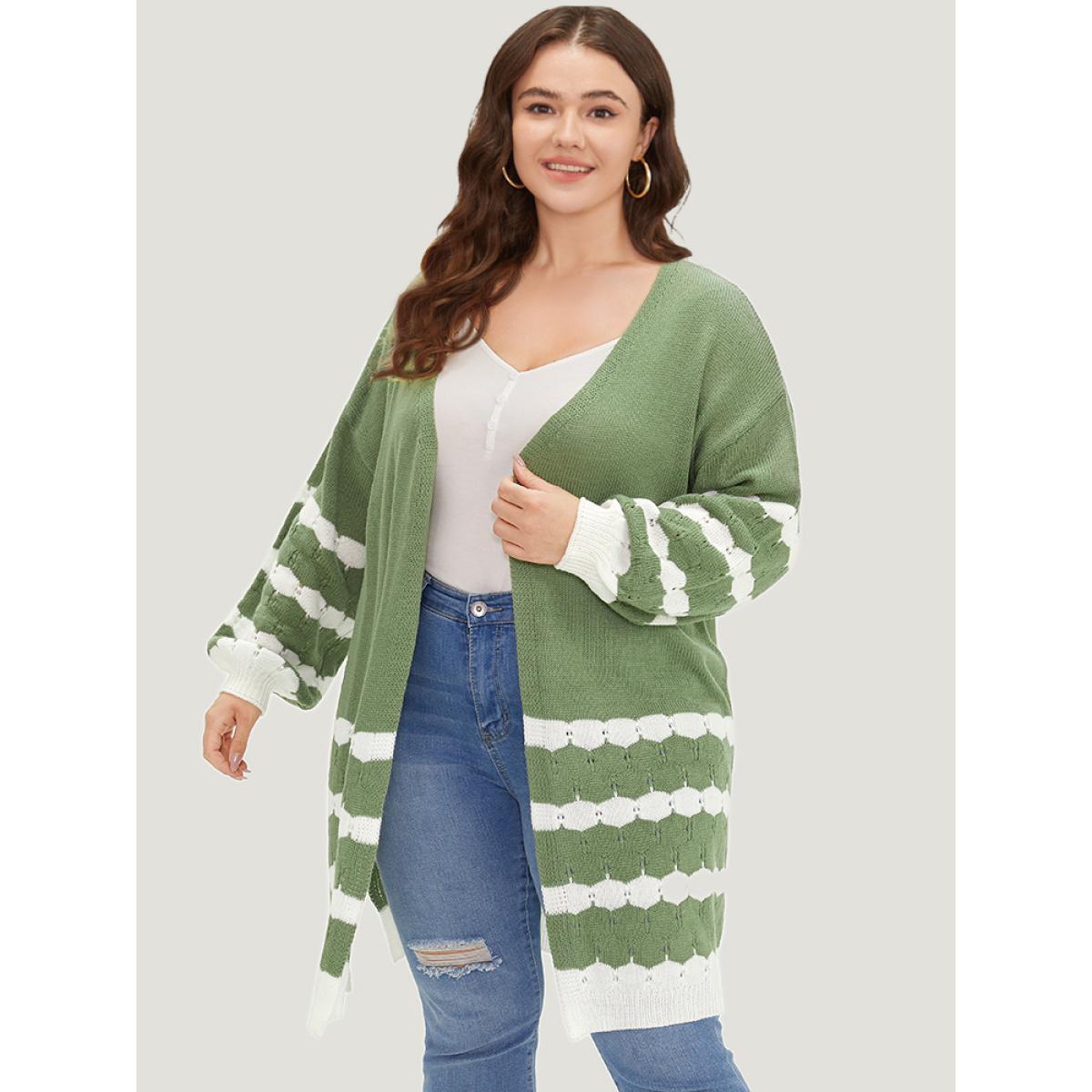 Plus Size Two Tone Open Front Split Side Cardigan Green Women Casual Loose Long Sleeve Everyday Cardigans BloomChic 18-20/2X Product Image