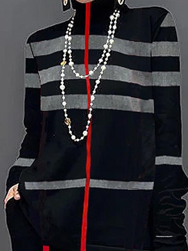 Long Sleeves Loose Striped High Neck T-Shirts Tops Product Image