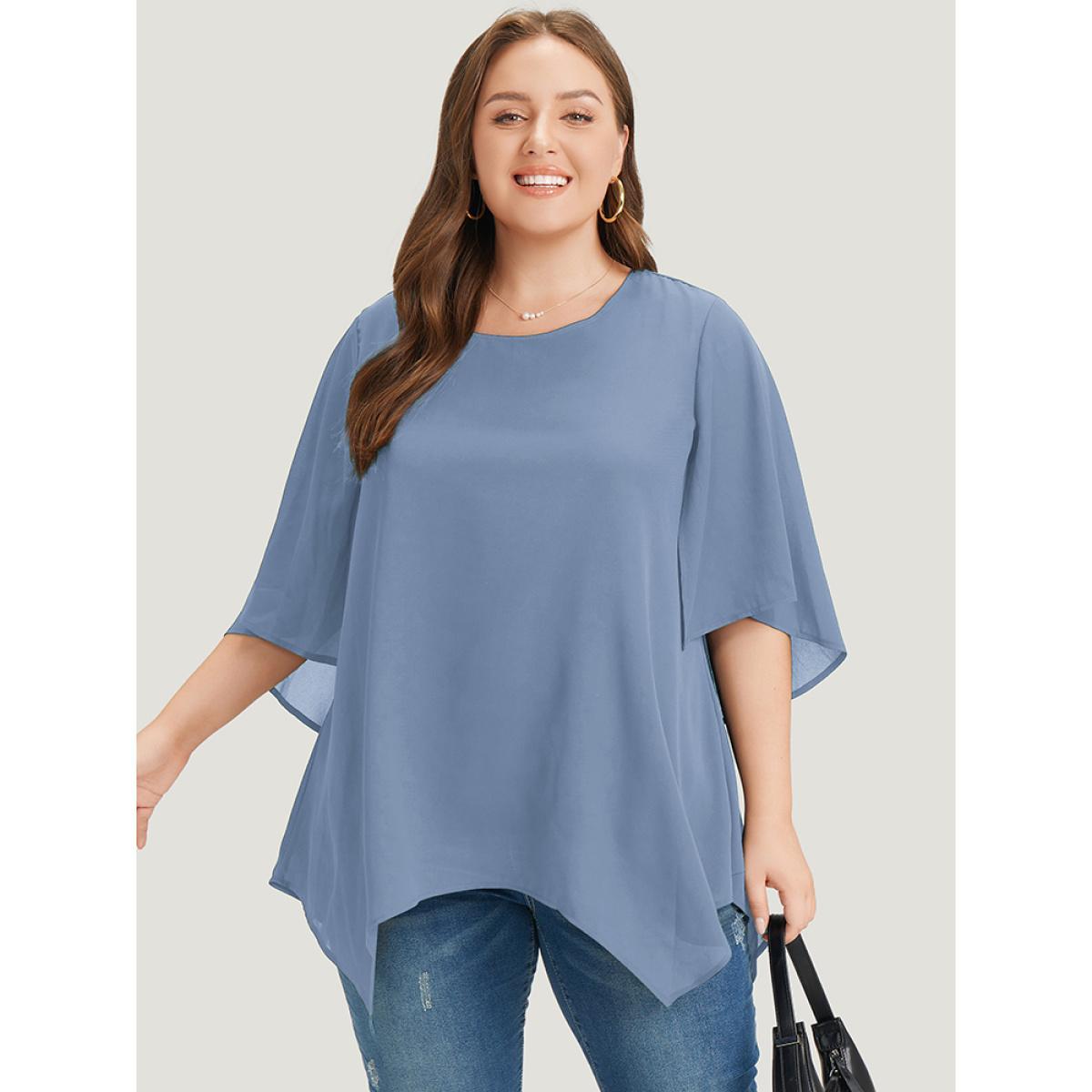 Plus Size LightBlue Plain Mesh Flutter Sleeve Hanky Hem Blouse Women Office Elbow-length sleeve Round Neck Dailywear Blouses BloomChic 14-16/1X Product Image