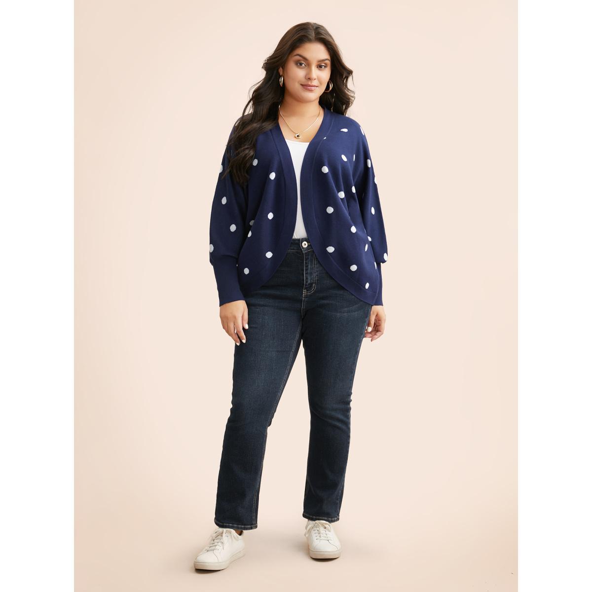 Plus Size Polka Dot Curved Hem Dolman Sleeve Cardigan Indigo Women Casual Loose Long Sleeve Everyday Cardigans BloomChic 30/6X Product Image