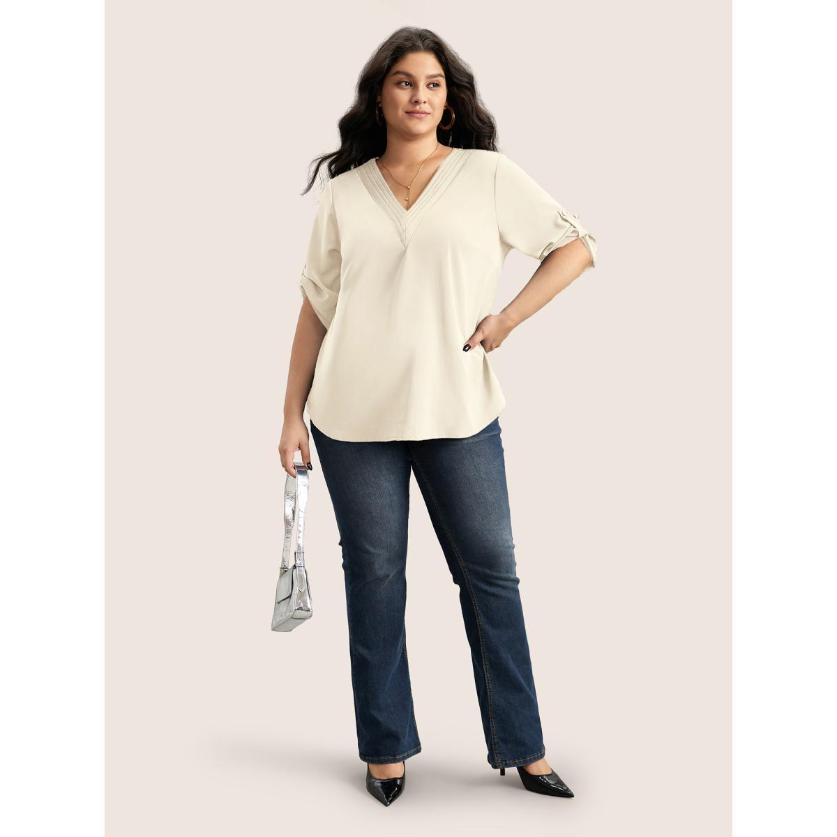 Plus Size Ivory V Neck Plain Pleated Tab Sleeve Blouse Women At the Office Elbow-length sleeve V-neck Work Blouses BloomChic 18-20/2X Product Image