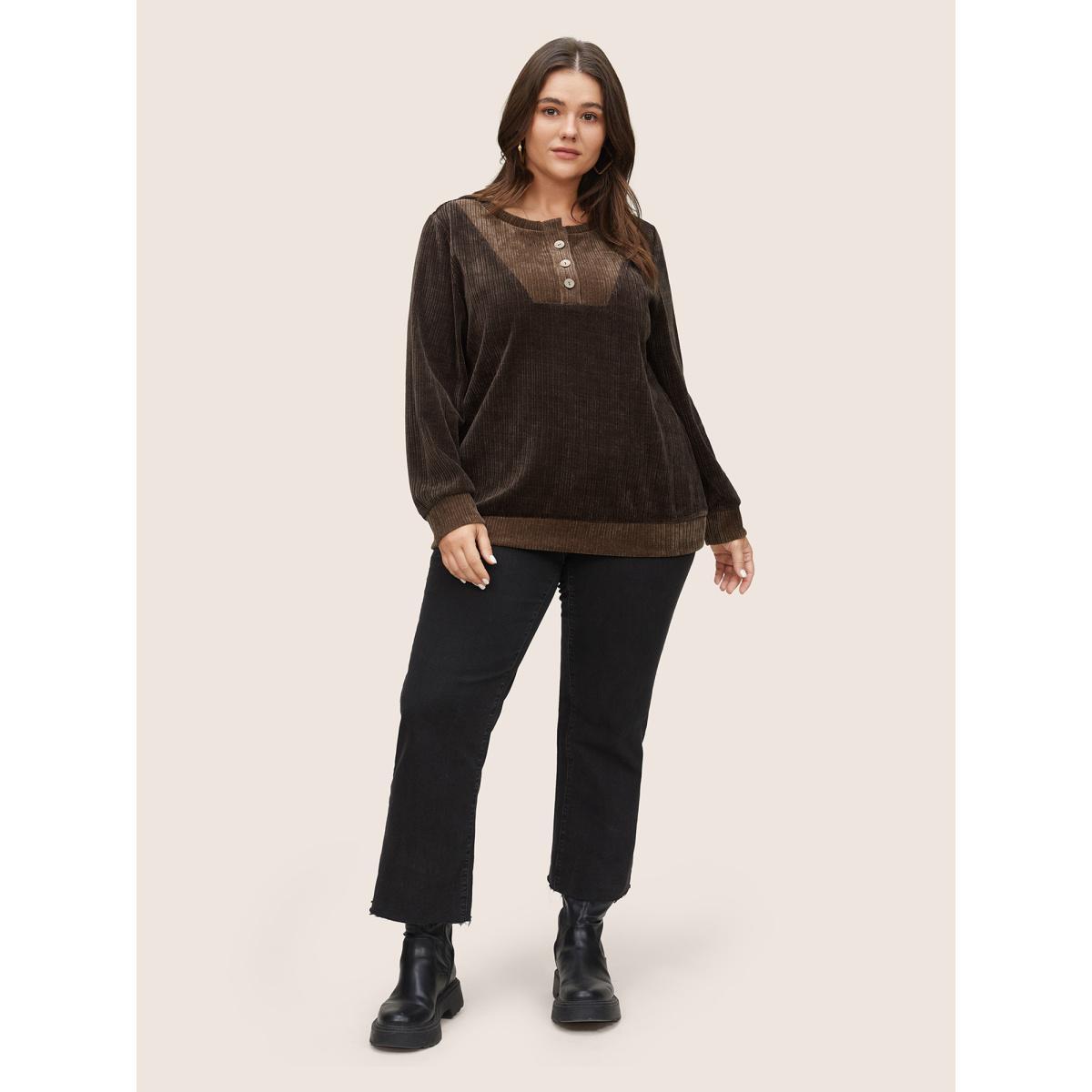 Plus Size Chenille Plisse Patchwork Button Detail Sweatshirt Women DarkBrown Casual Texture Round Neck Everyday Sweatshirts BloomChic 12/L Product Image