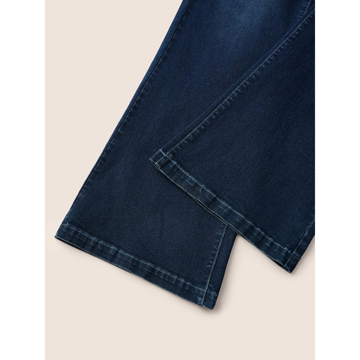 Plus Size Elastic Waist Flare Leg Dark Wash Jeans Women Indigo Casual Plain Non High stretch Slanted pocket Jeans BloomChic 16/1X Product Image
