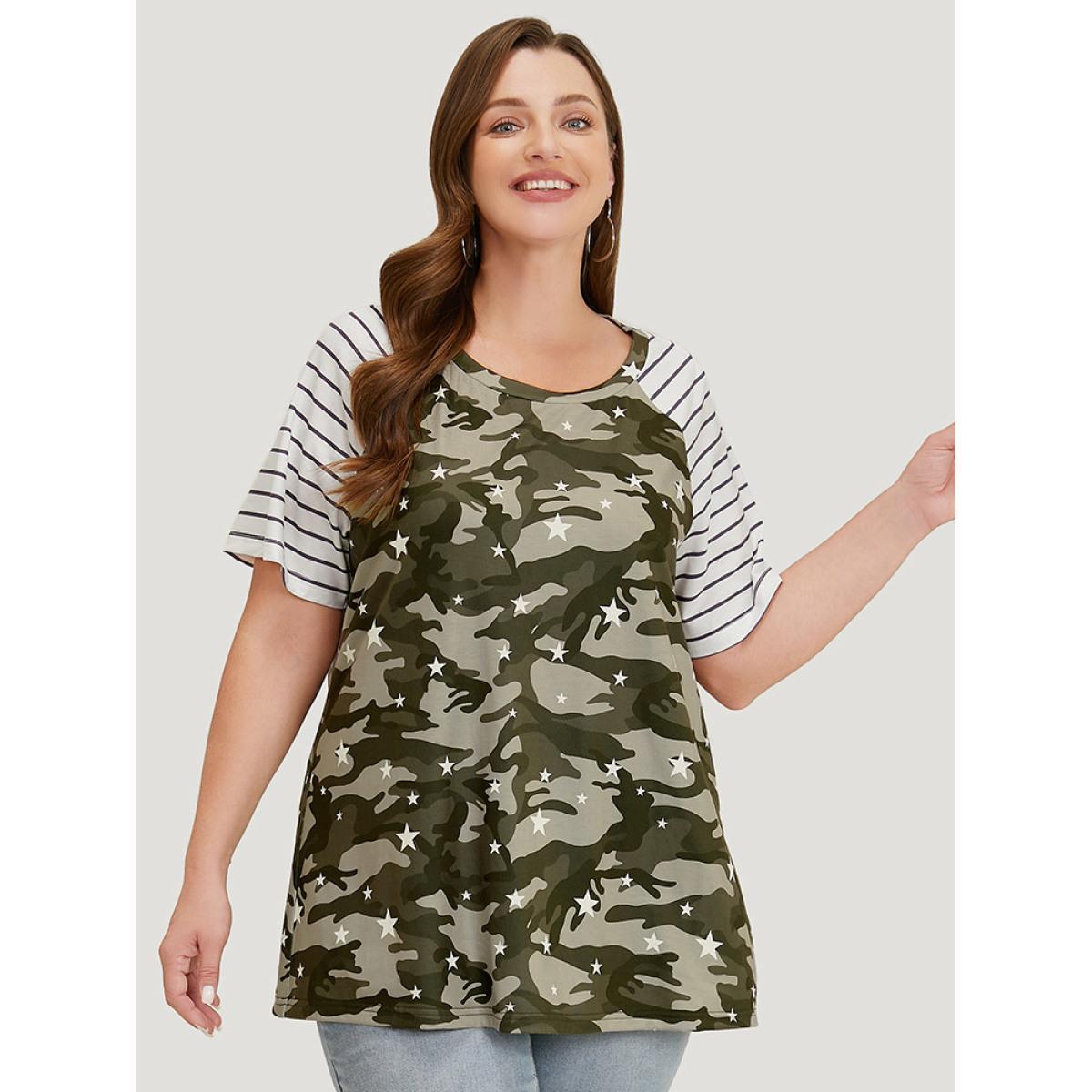 Plus Size Camo & Striped Print Raglan Sleeve T-shirt Multicolor Women Casual Contrast Camo Round Neck Dailywear T-shirts BloomChic 10/M Product Image