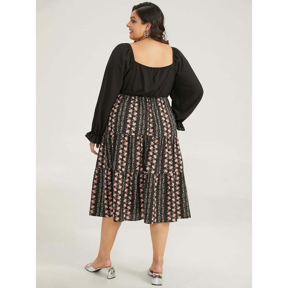 Plus Size Floral Ruffle Layered Hem Square Neck Dress Black Women Office Elastic cuffs Square Neck Long Sleeve Curvy Midi Dress BloomChic 22-24/3X Product Image